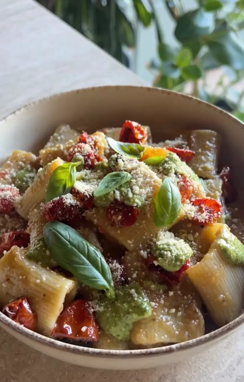 Paccheri con crema di melanzane, pomodorini confit e pesto ricetta