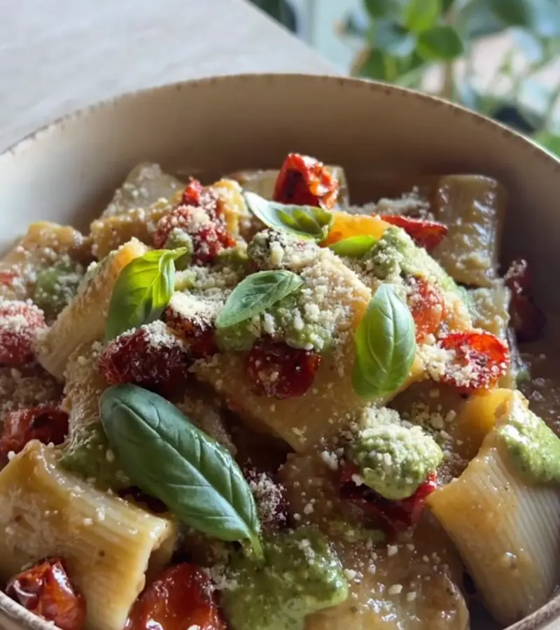 Paccheri con crema di melanzane, pomodorini confit e pesto ricetta