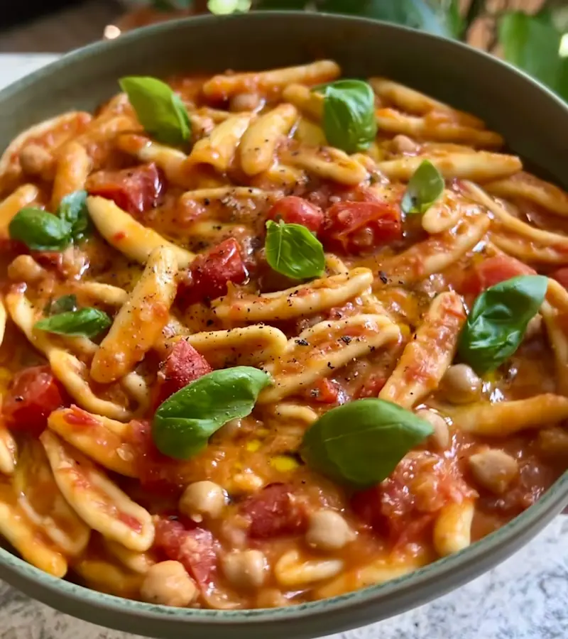 Pasta ceci, pomodorini e basilico ricetta